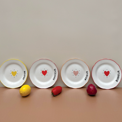 Set de 4 assiettes desserts coeurs - Amour, Bonheur, Passion et Douceur
