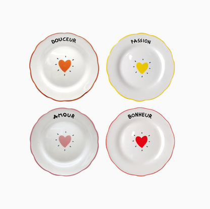 Set de 4 assiettes desserts coeurs - Amour, Bonheur, Passion et Douceur