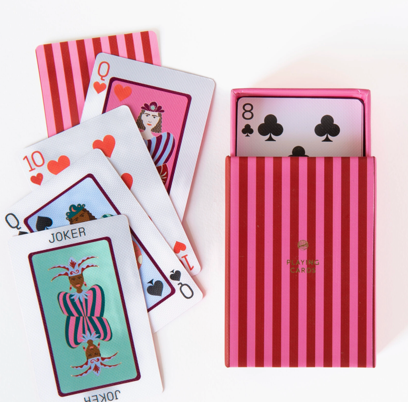Jeu de cartes - Boite rayée rose et rouge